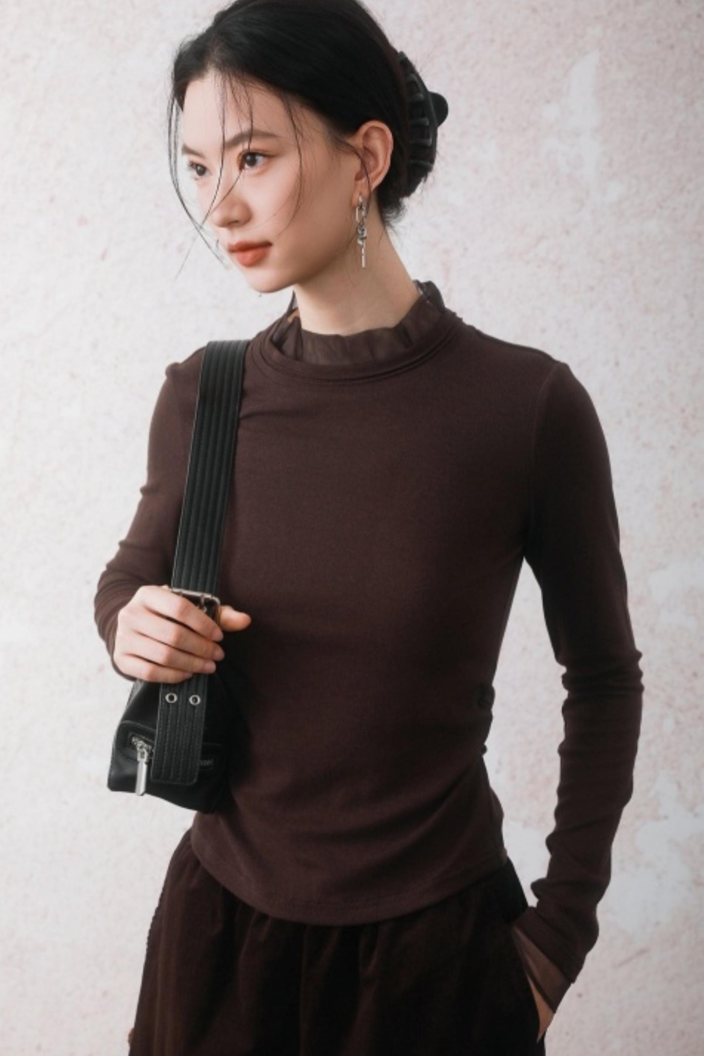 Chestnut Brown Patchwork Turtleneck Top