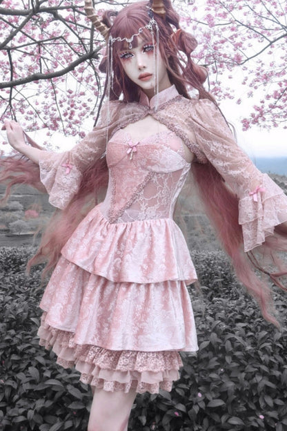 Gothic Lotus Root Pink Strap Dress Set-Up