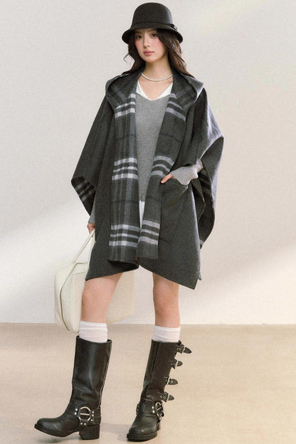Gray Plaid Reversible Wool Cape Coat