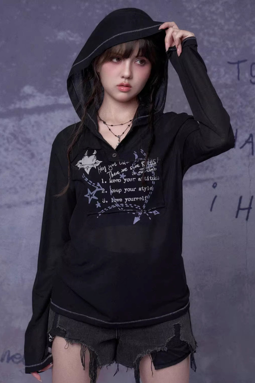 Mesh Graffiti Hooded Top Matching Set