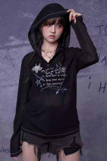 Mesh Graffiti Hooded Top Matching Set