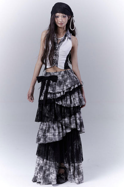 Wilderness Lace-Trimmed Plaid Bustier Skirt