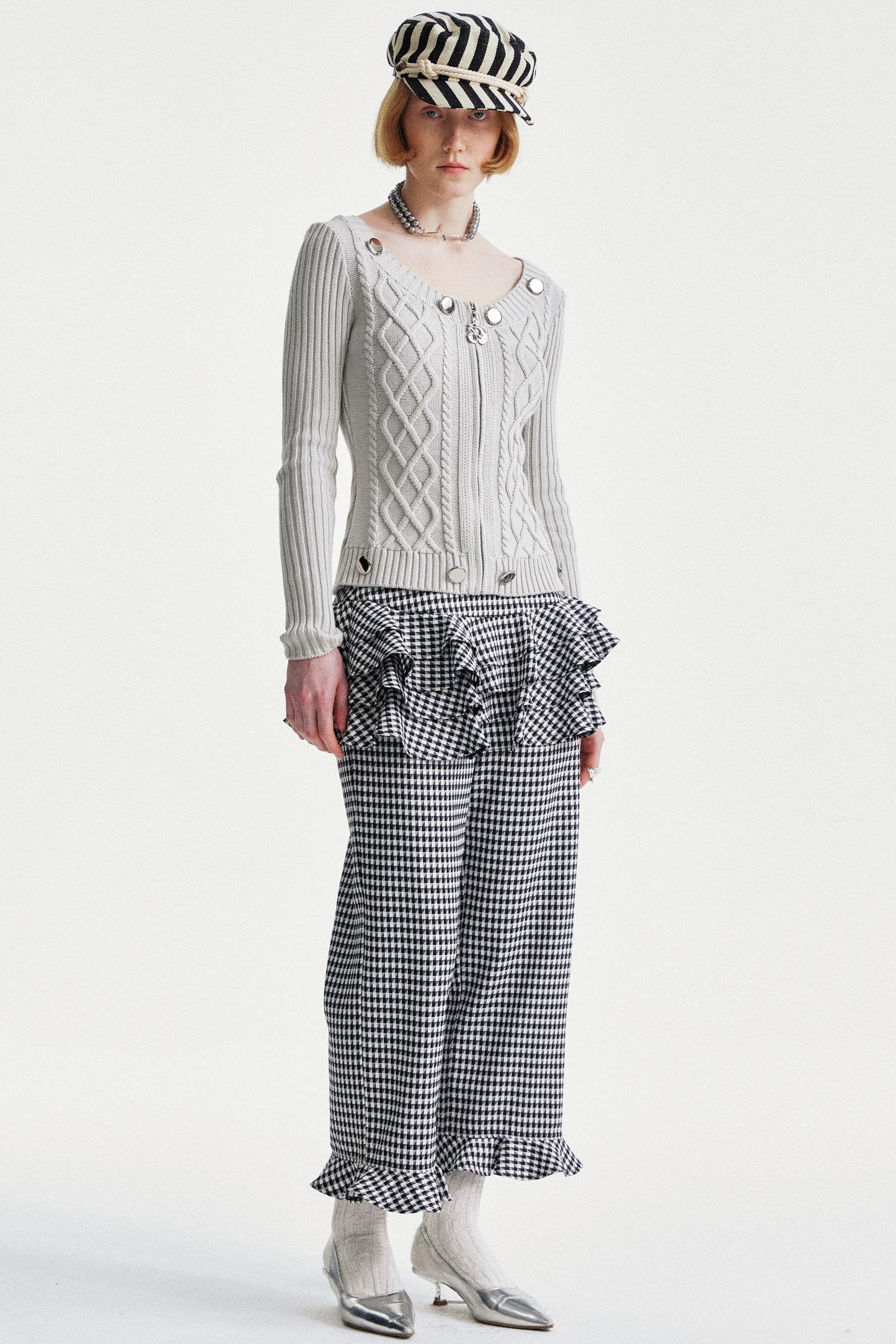 Lace Trim Checkered High Waist Pants