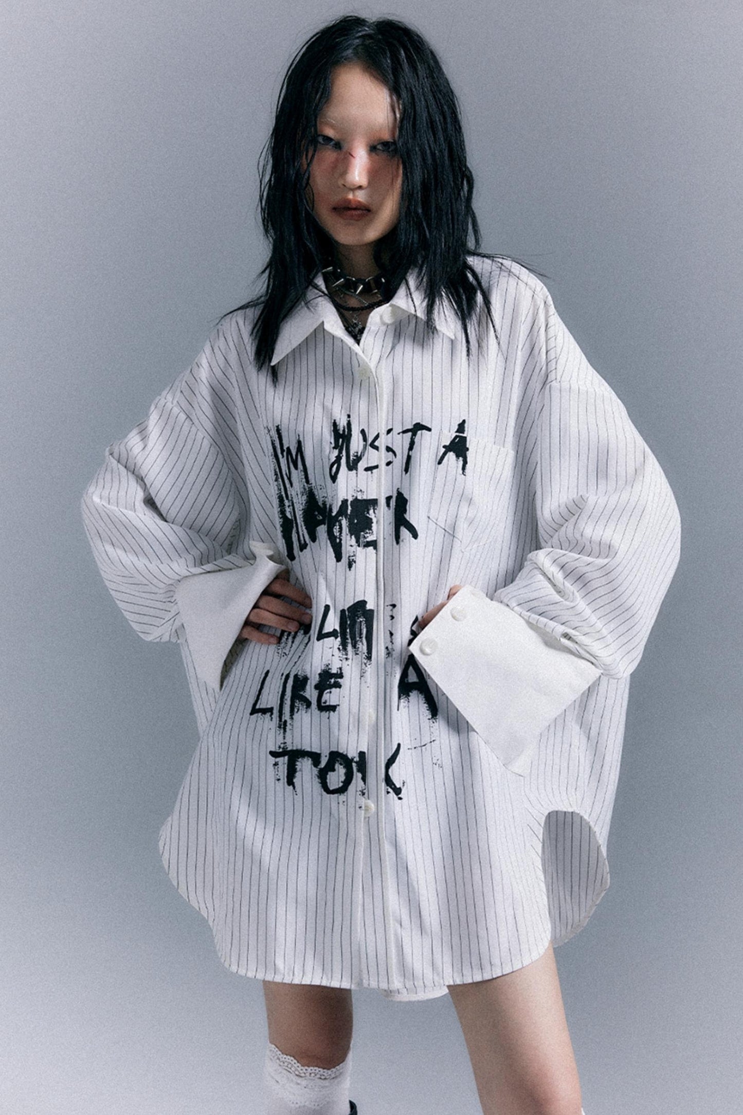 Graffiti Print Striped Long-Sleeved Shirt