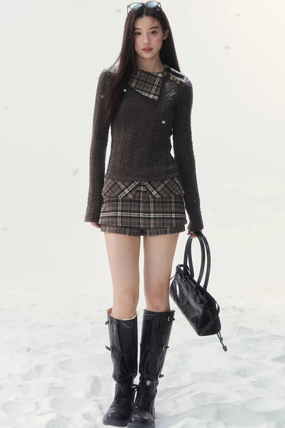 Retro Karomuster Patchwork Pullover Set-Up