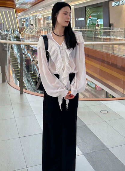 Sheer V-Neck Flutter Shirt