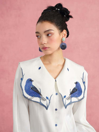 Blue Bird Embroidery Blouse