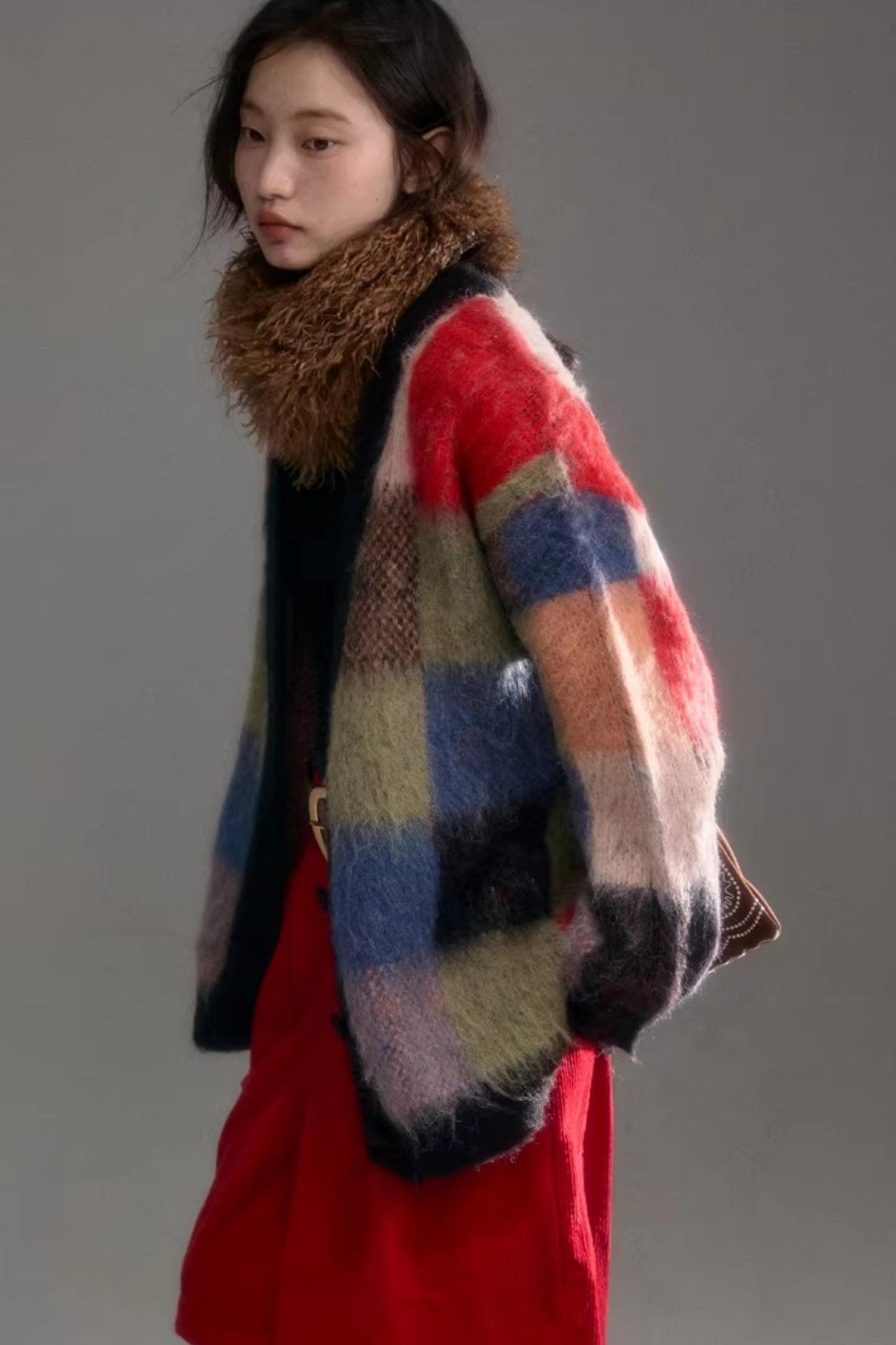 Color-Block-Strickjacke aus Wolle mit Karomuster