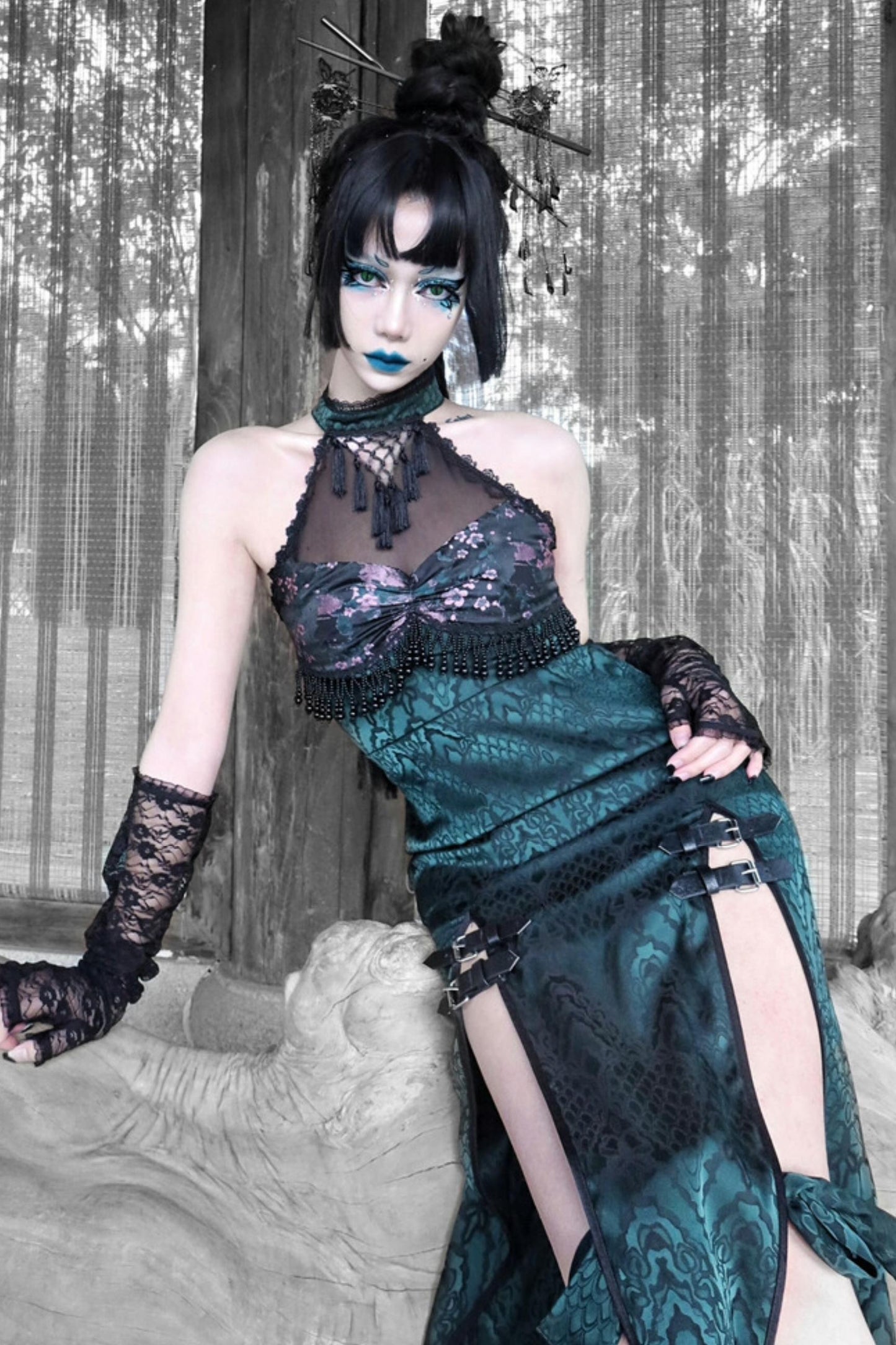 Gothic Mesh Slit Cheongsam Dress Set-Up