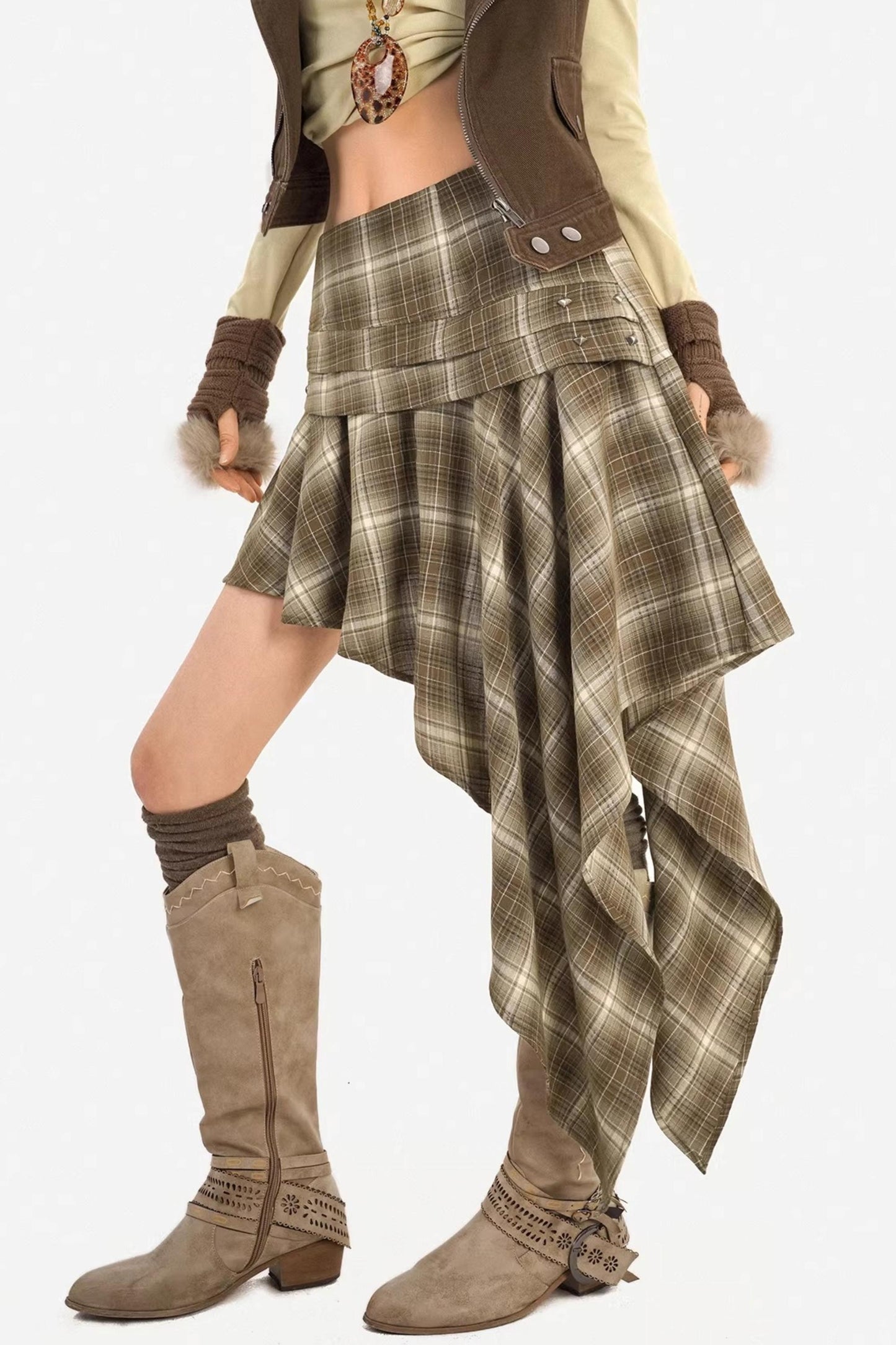 Retro Plaid Asymmetrical Skirt