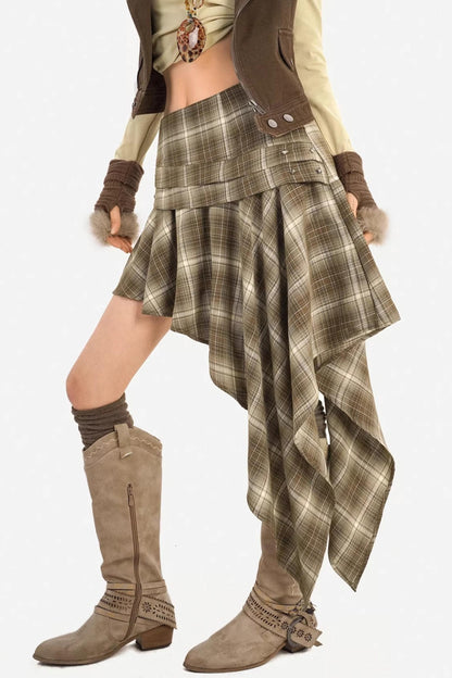Retro Plaid Asymmetrical Skirt
