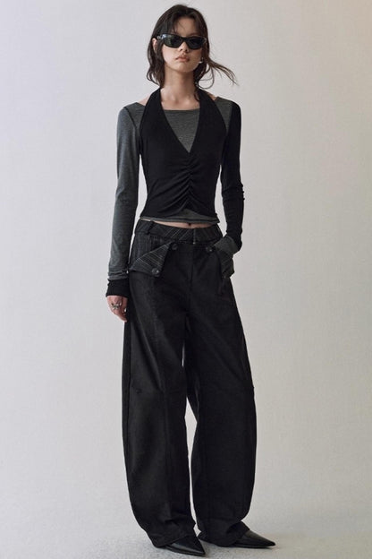 Striped Stitching Two-Piece Halterneck T-shirt