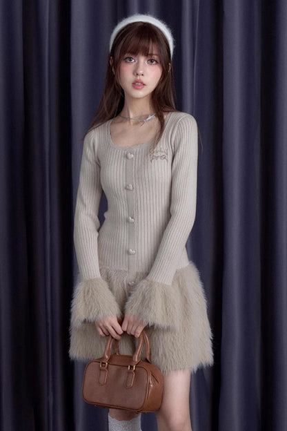 Sweet Knitted Fur Skirt Dress