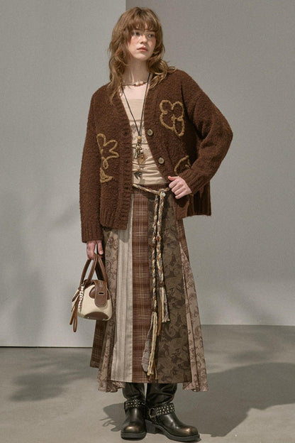 Floral Stitching Brown Skirt