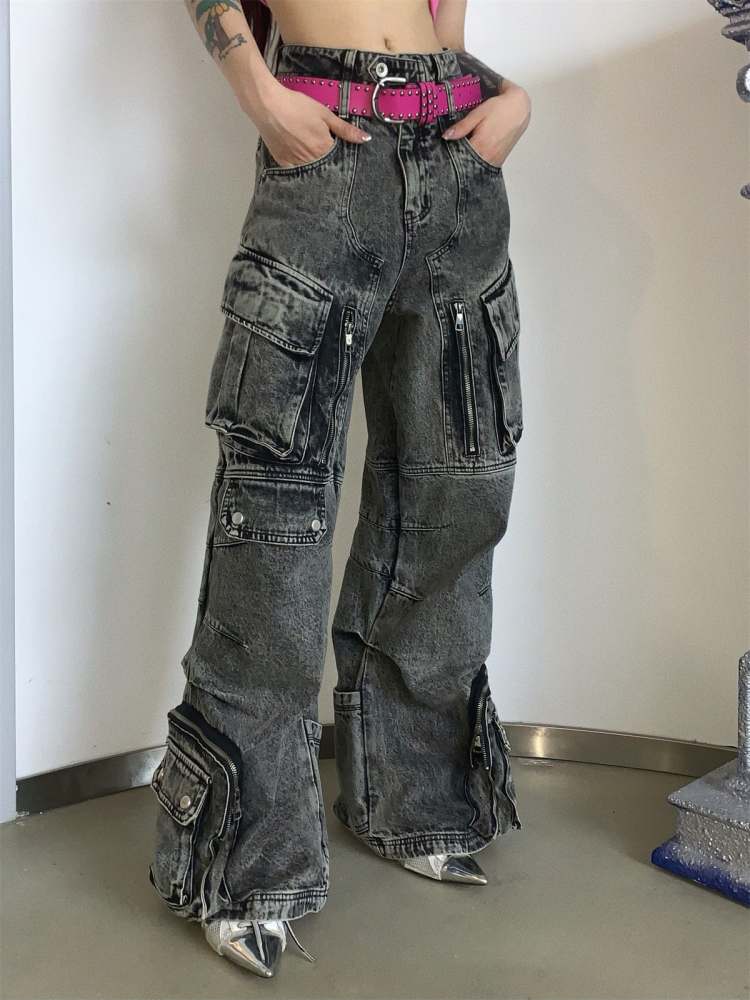 Multi Pocket Retro Wide Leg Denim Pants