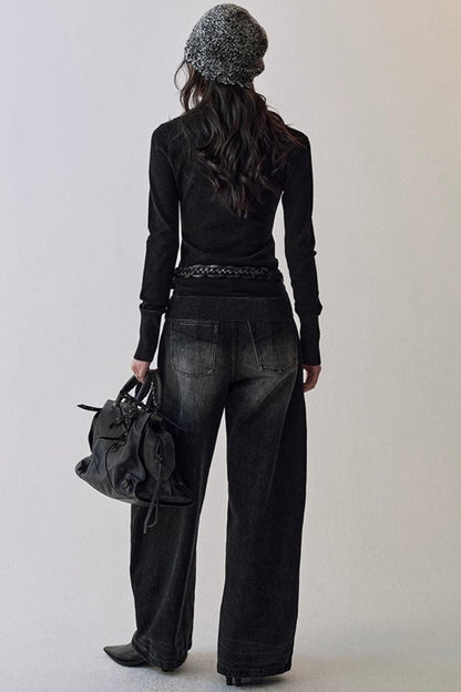 One-Sided Ruffled Crew Neck Knit Top