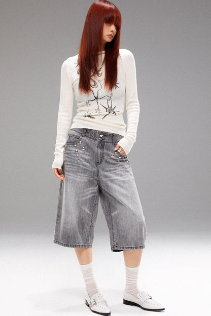 Metal Stud Denim Mid Pants