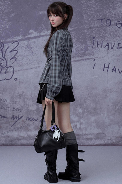 Gray-Blue Plaid Placket Long-Sleeved Shirt