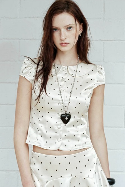 White Polka Dot Satin Top Set-Up