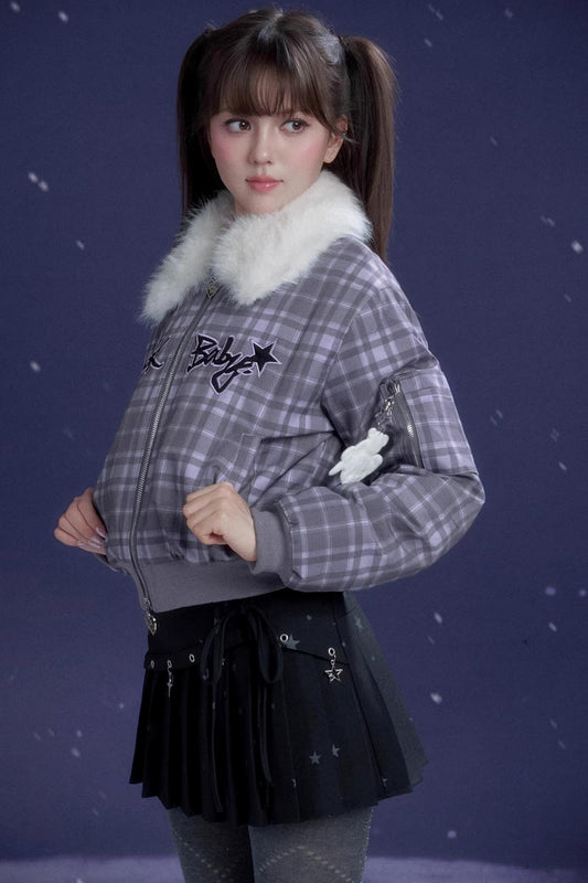 Purple Plaid Fur Collar Jacket