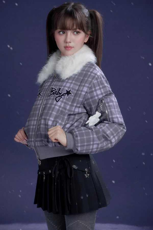 Purple Plaid Fur Collar Jacket