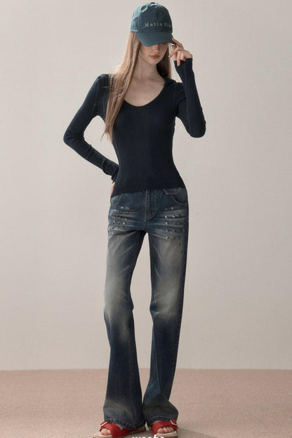 Retro Studded Rhinestone Jeans