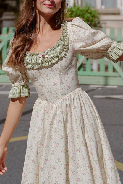 French Pastoral Style Floral Waist Dress
