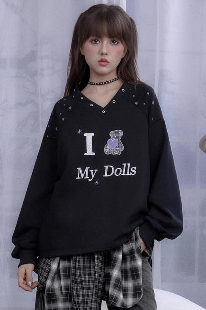 V-Neck Star Plaid Bear Sweatshirt