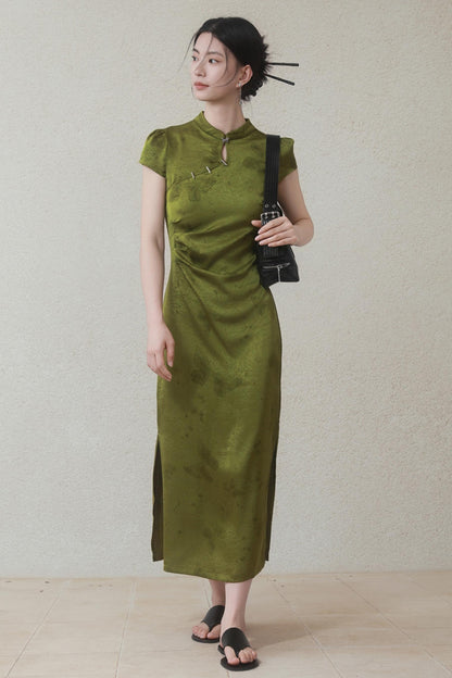 Summer Green Satin Cheongsam Dress