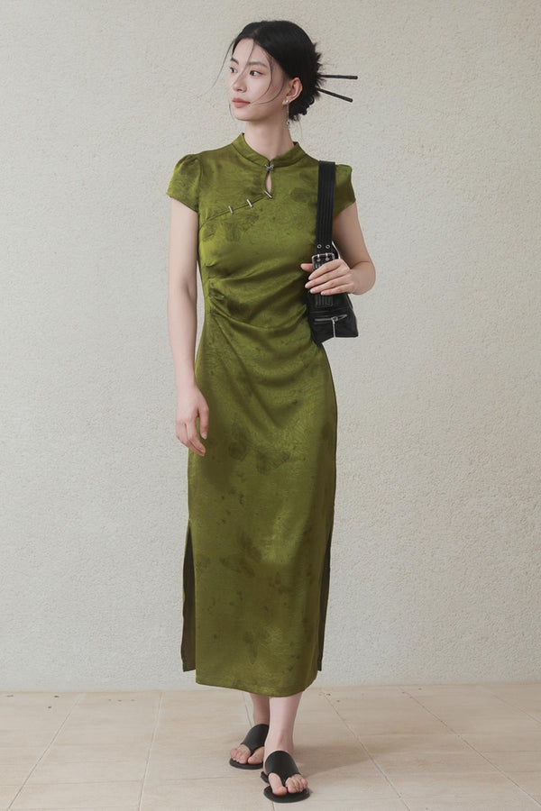 Summer Green Satin Cheongsam Dress