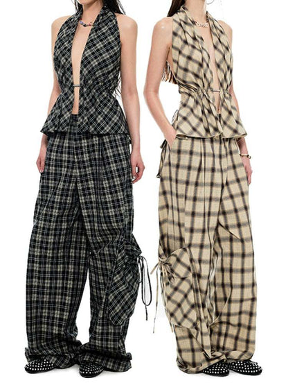 Gradient Plaid Pattern Wide Leg Cargo Pants