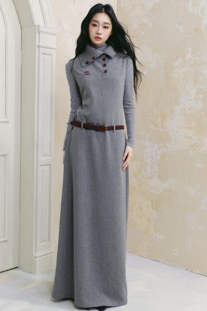 Polo Neck Gray Long Dress Set-up