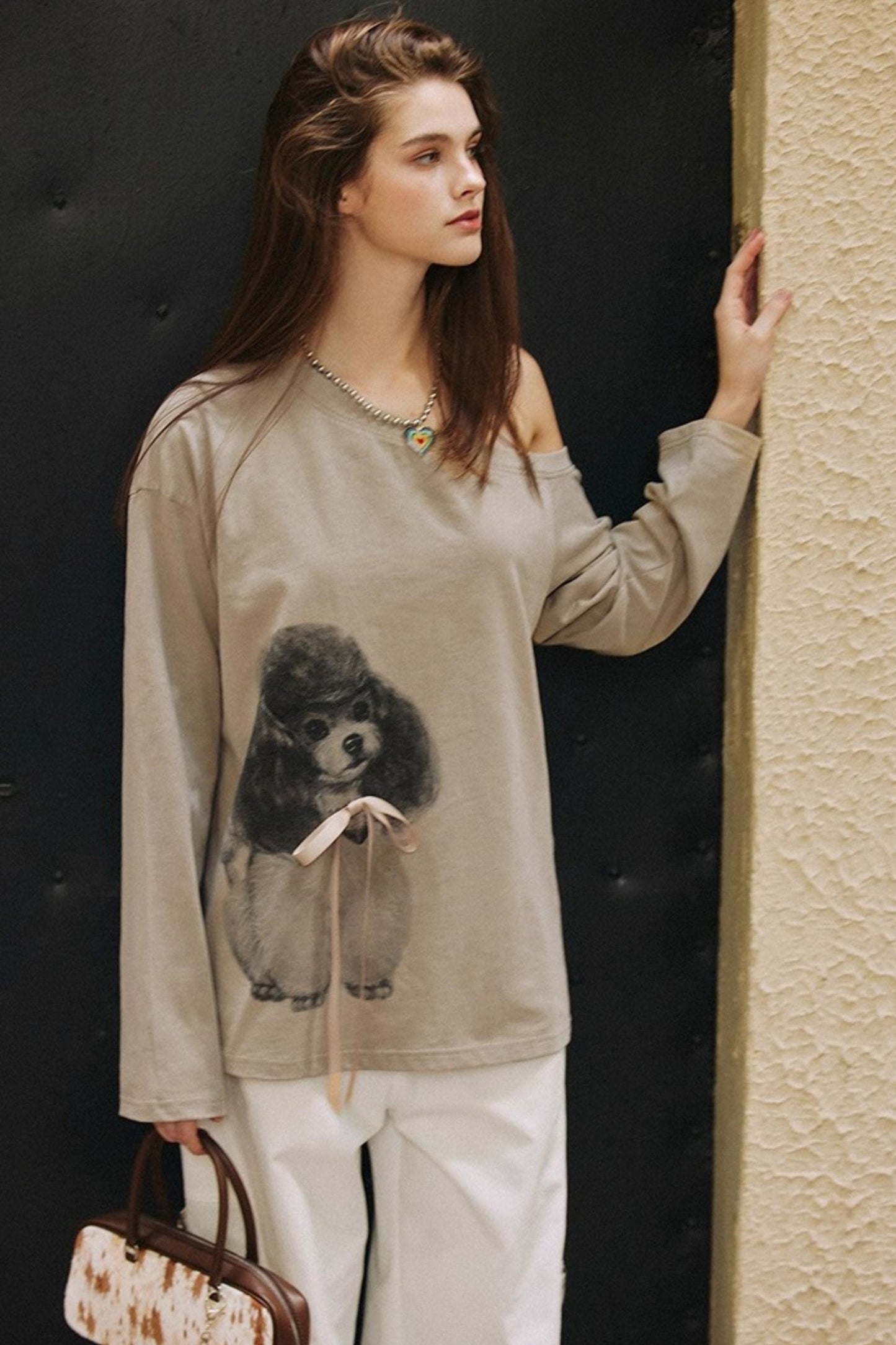 Khaki Bow knot Off-Shoulder T-Shirt