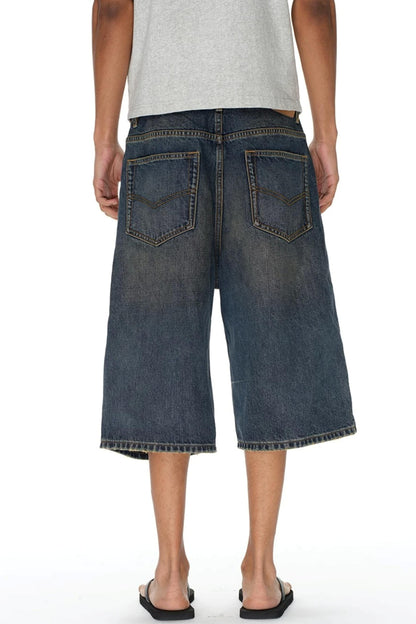 Pleated Distressed Denim Shorts
