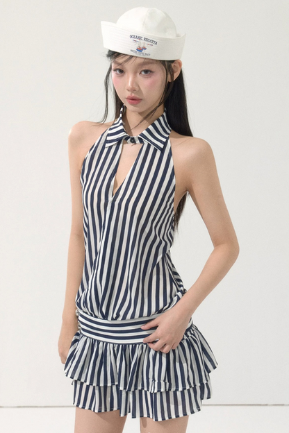 Striped Ruffle Halter Dress