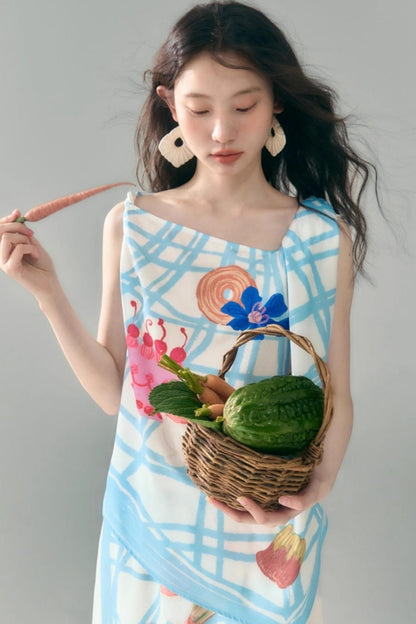 Square Plaid Print Satin Skirt Set-Up