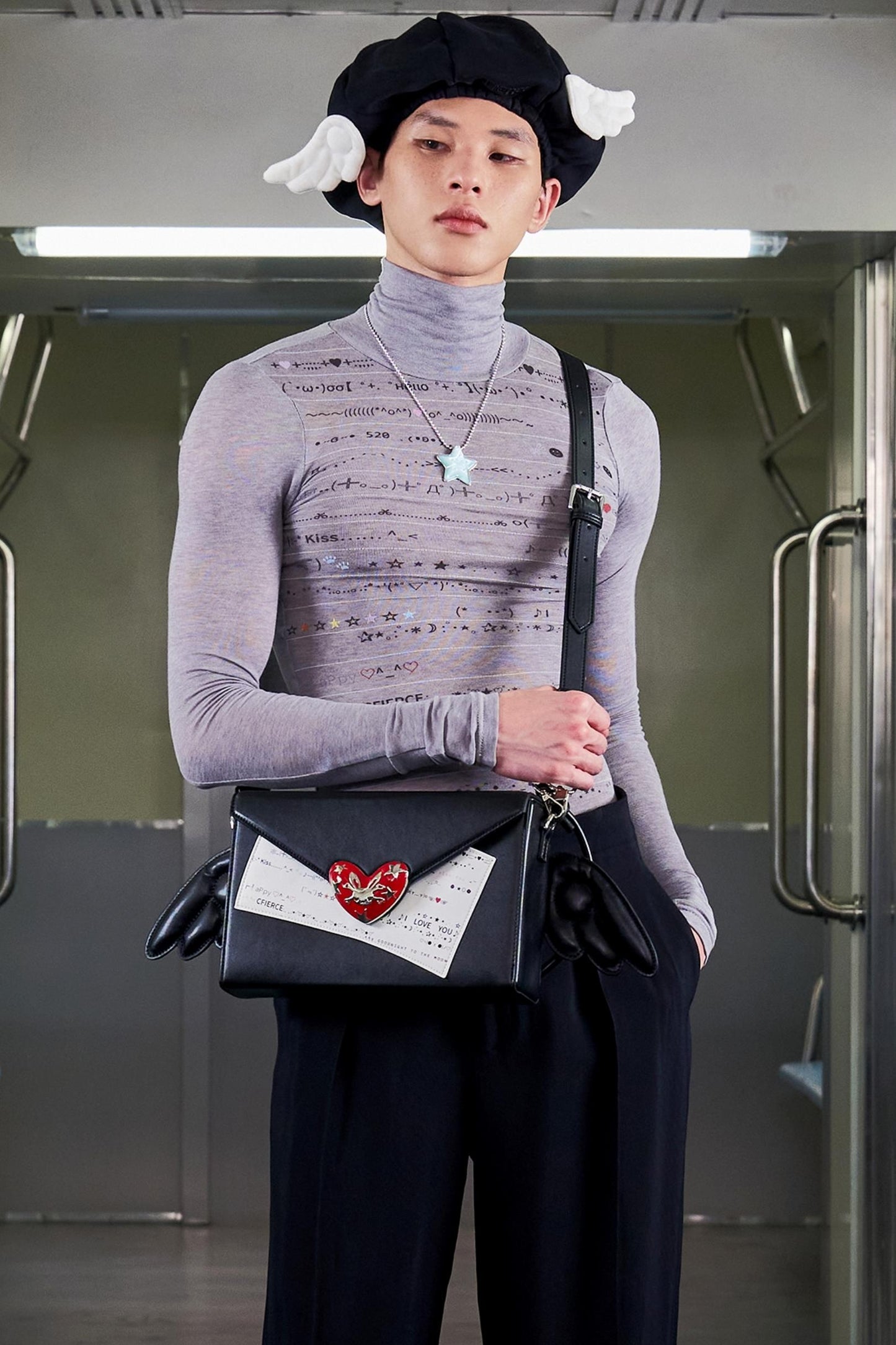 Wool Blend Striped Turtleneck Top