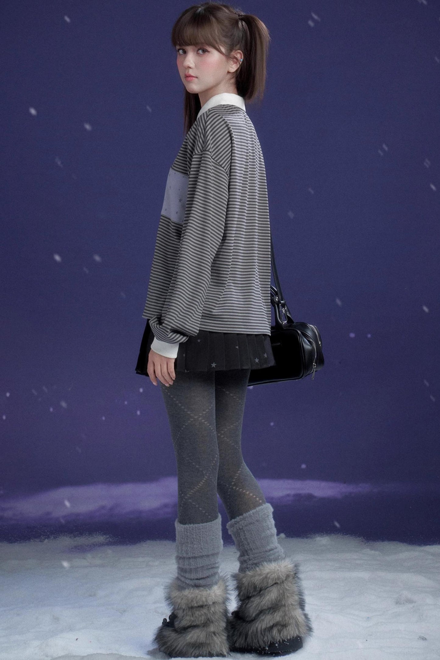 Gray-Purple Striped Polo Top