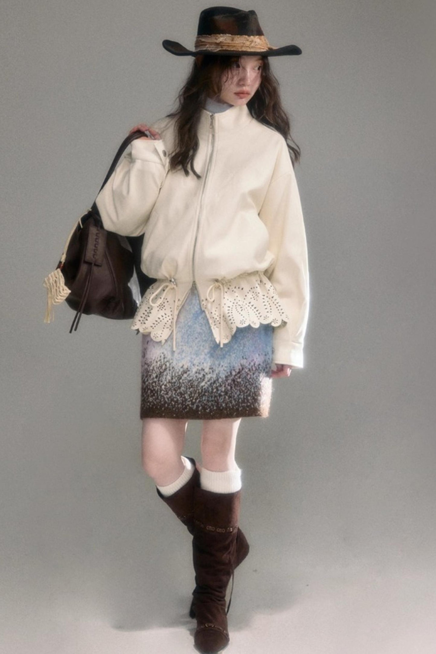 Hollow-Out Floral Leather Jacket