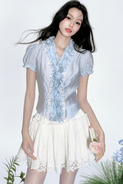 Gray Blue Floral Pleated Blouse