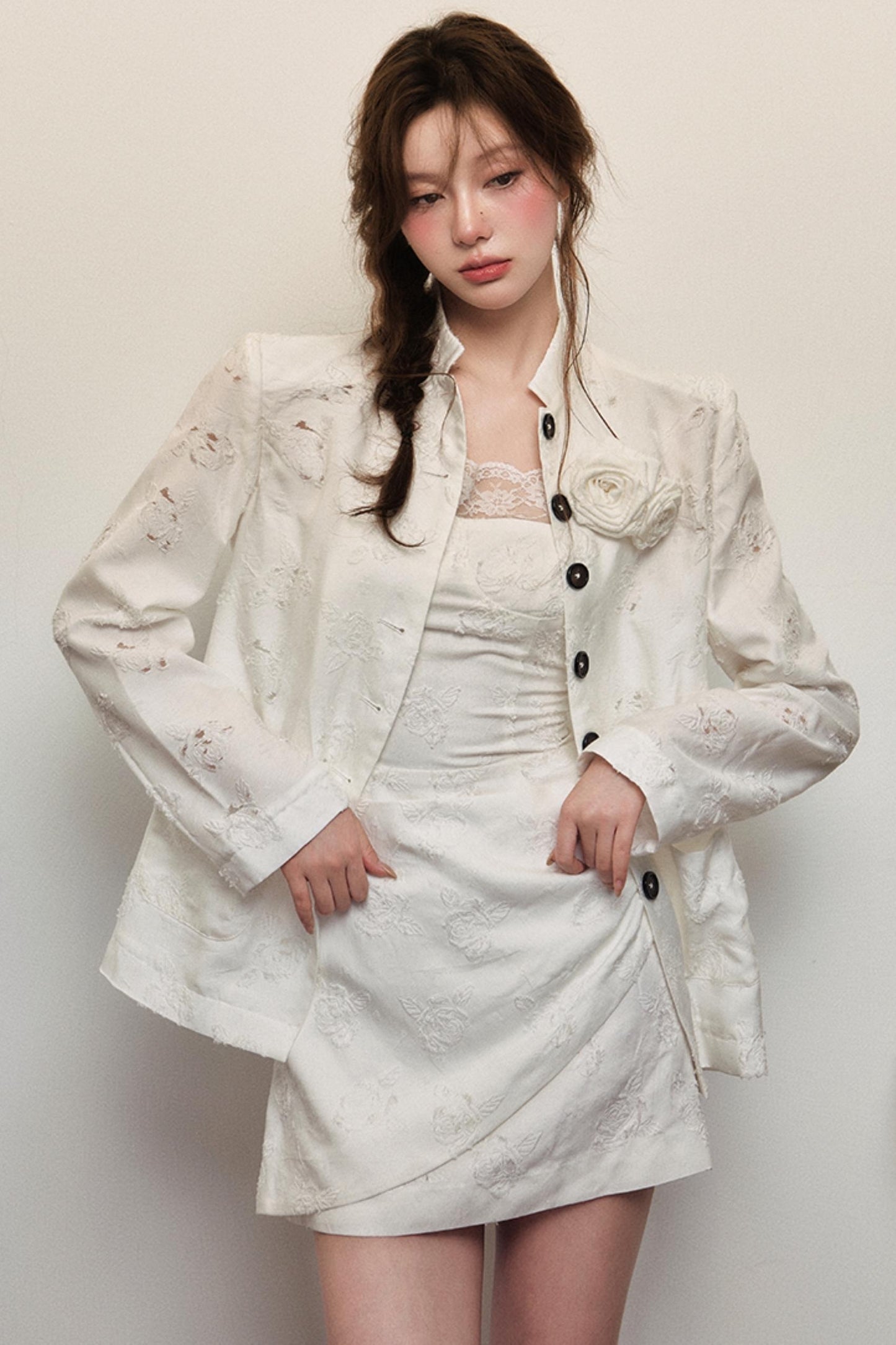 Elegant White Rose Jacquard Dress