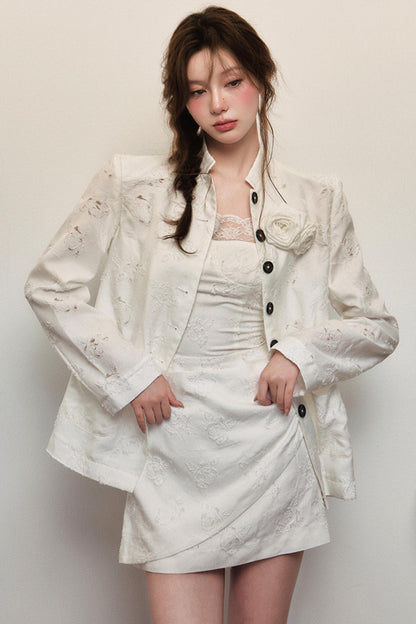 Elegant White Rose Jacquard Dress