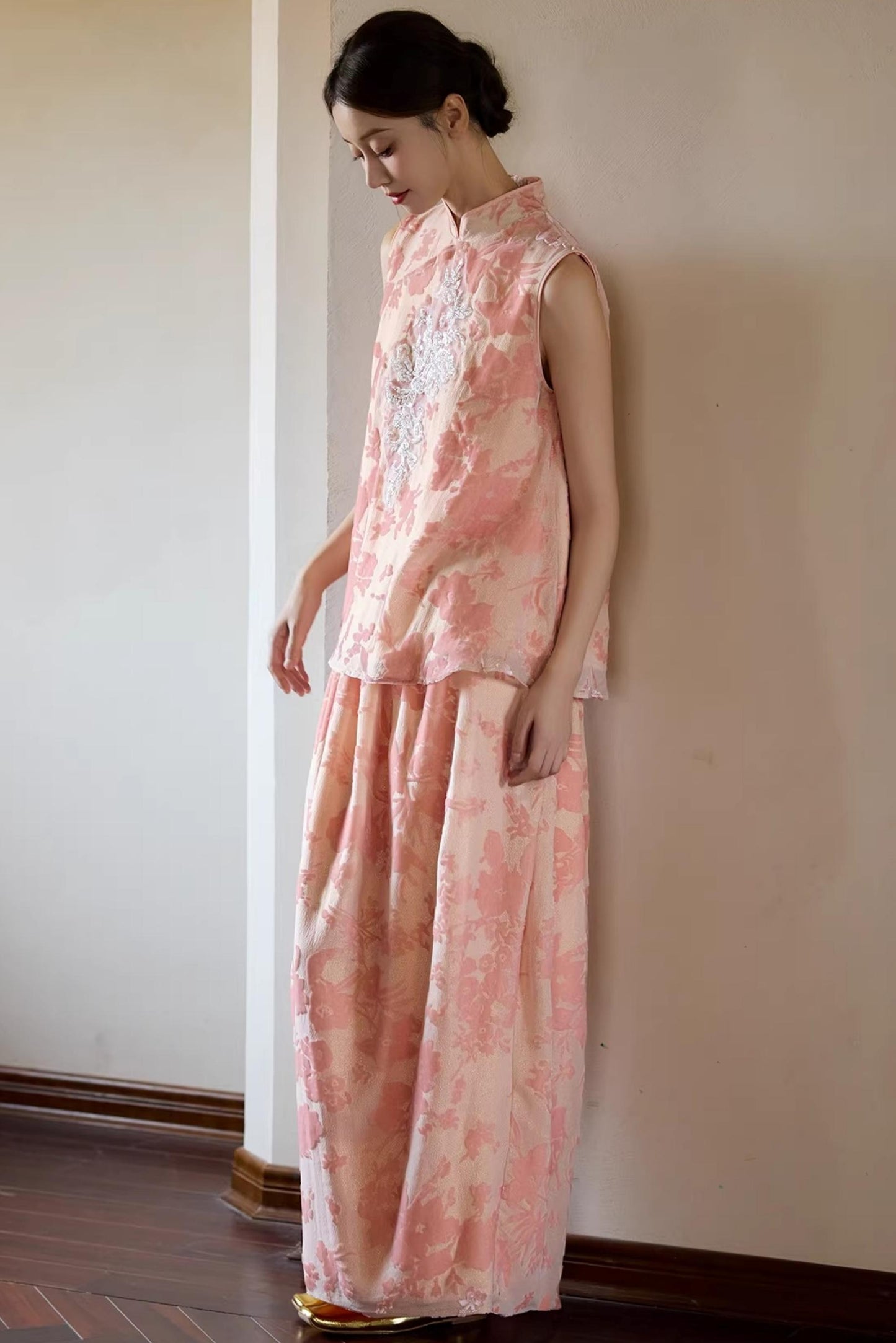 Embroidered Pink Cheongsam Skirt Set-Up