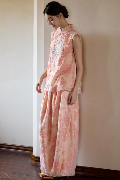 Embroidered Pink Cheongsam Skirt Set-Up