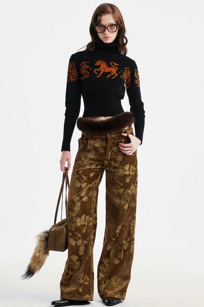 Brown Floral Jacquard Pants