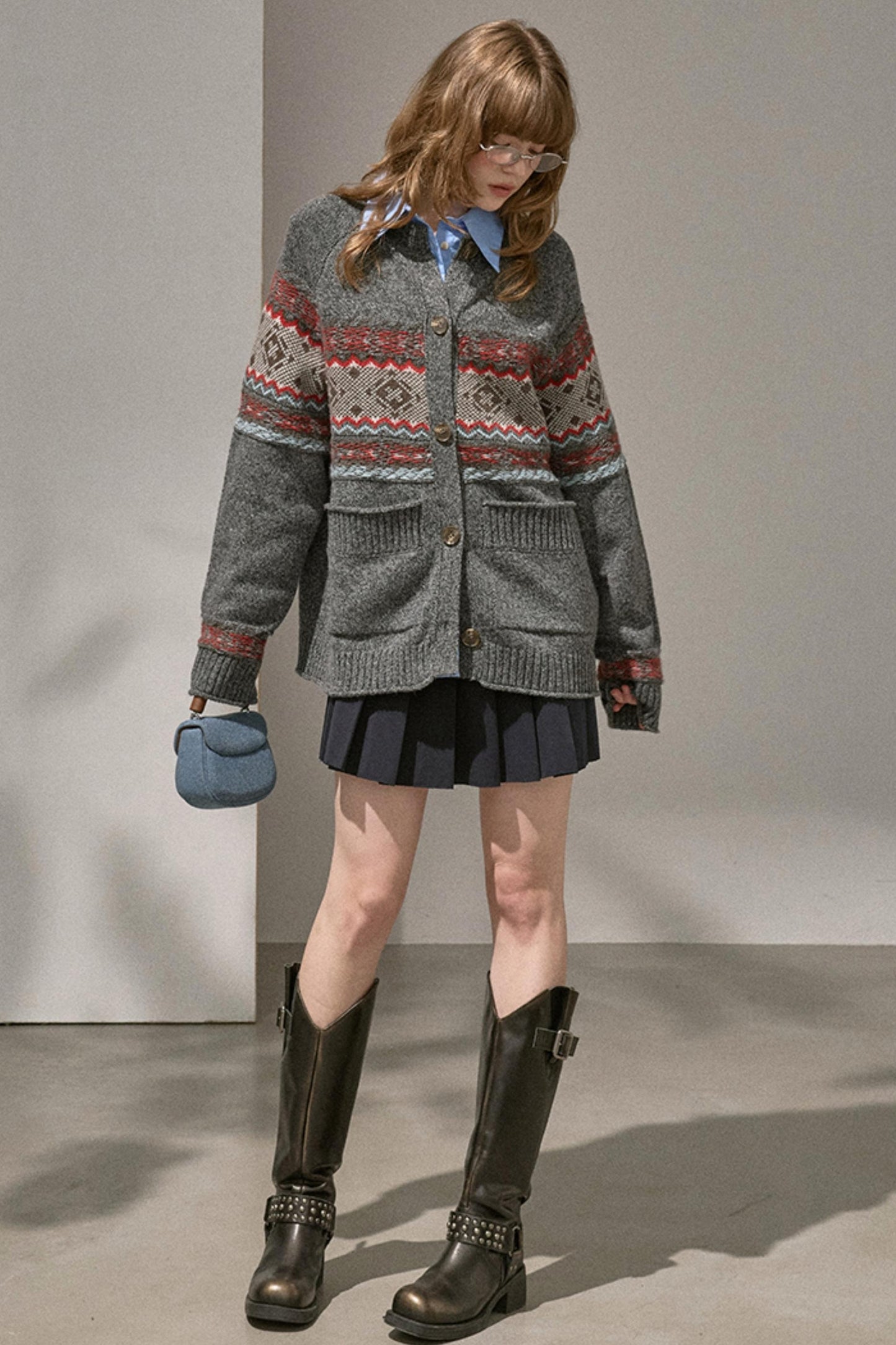 Fair Isle Knitted Gray Cardigan