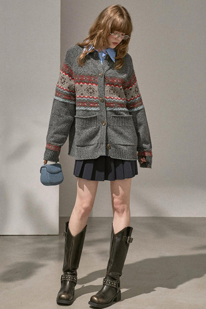 Fair Isle Knitted Gray Cardigan