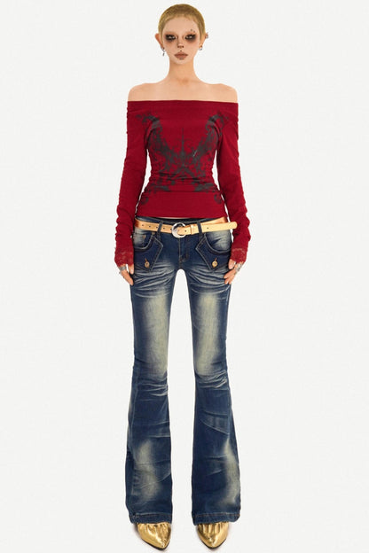 Retro Blue Flared Denim Pants