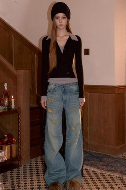 Frayed Hem Patchwork Jeans