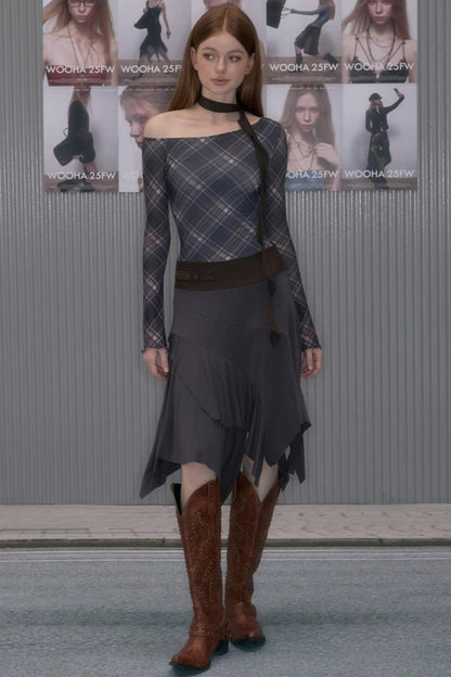 Plaid Patchwork One-Shoulder Dress